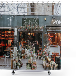 Personality  LONDON, UNITED KINGDOM - MARCH 9. 2016: Store Front Of Chez Michele Flower Shop In Borough Market, One Of The Largest And Oldest Food Markets In London. Shower Curtains