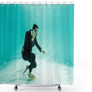 Personality  Muslim Businessman In Suit Talking On Smartphone Underwater In Pool  Shower Curtains