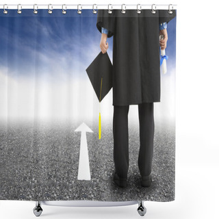 Personality  Graduate Standing On The Road And Forward Arrow Shower Curtains