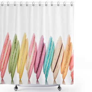 Personality  Row Of Delicious Colorful French Macaroons Of Different Flavors On White Background, Panoramic Shot Shower Curtains