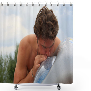 Personality  Man Blows The Air Mattress On Shower Curtains