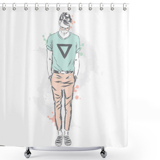 Personality  Stylish Man On A City Street . Hipster. Vector Illustration. Shower Curtains