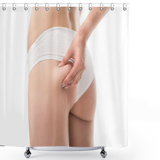 Personality  Partial View Of Sexy Woman In Panties Touching Buttocks Isolated On White Shower Curtains