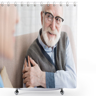 Personality  Selective Focus Of Glad Elderly Man Looking At Nurse Shower Curtains