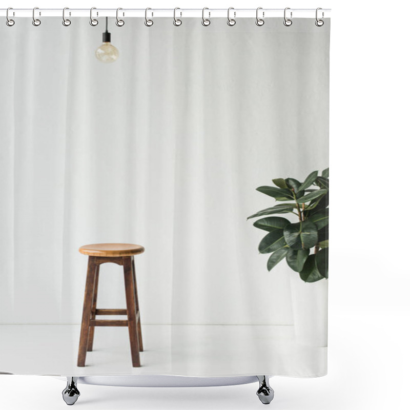 Personality  wooden chair, lamp and potted plant on white shower curtains