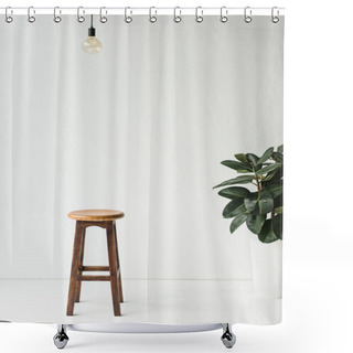 Personality  Wooden Chair, Lamp And Potted Plant On White Shower Curtains