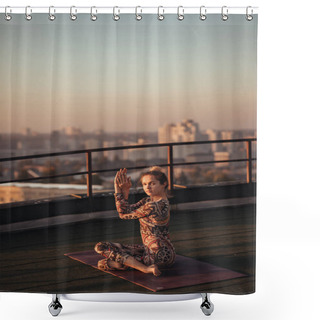 Personality  Woman Doing Yoga On The Roof Of A Skyscraper In Big City. Shower Curtains