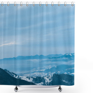 Personality  Scenic View Of Snowy Mountains With Pine Trees And Cloudy Sky Shower Curtains