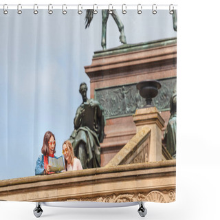 Personality  Two Happy Hipster Girls In Casual Outfit Looking At Map And Searching For Landmarks And Destinations Standing At The Old National Gallery In Museum Island In Berlin Shower Curtains