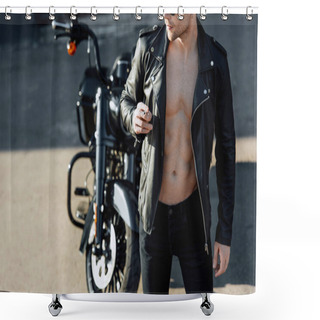 Personality  Cropped View Of Man With Muscular Torso In Leather Jacket Looking Away And Smoking Cigarette Shower Curtains