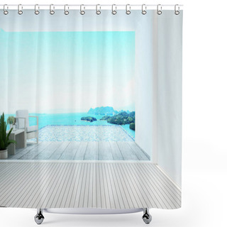 Personality  Living Area On Pool Deck And Swimming Pool Sea View - Swimming Pool On Island View In Hotel Or Home - 3D Rendering Shower Curtains