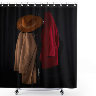 Personality  Coats And Hat Hanging On Coat Rack Isolated On Black Shower Curtains