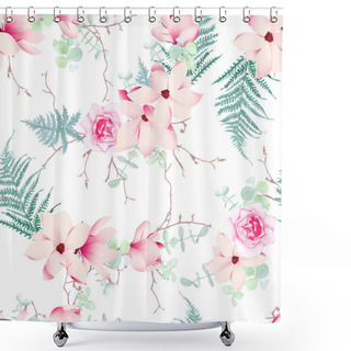 Personality  Chinese Magnolia, Roses And Fern Seamless Vector Pattern Shower Curtains