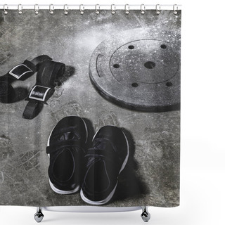 Personality  Sneakers With Wrist Wraps And Weight Plate Covered With Talc On Concrete Surface Shower Curtains
