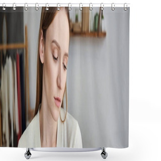 Personality  Hopeless And Upset Young Woman Standing In Nursery Room At Home, Depression And Frustration, Banner Shower Curtains