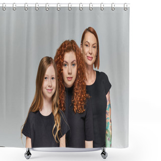 Personality  Joyful Women Red Hair Posing With Girl In Matching Outfits On Grey Backdrop, Three Generations Shower Curtains