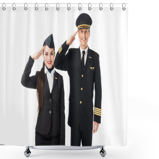 Personality  Young Stewardess And Pilot Saluting Isolated On White Shower Curtains