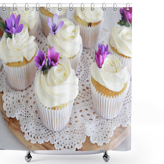 Personality  Frosting Vanilla Cupcakes With Purple Edible Flowers Shower Curtains