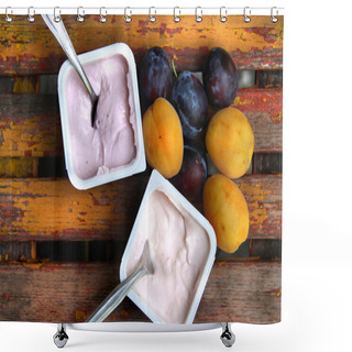 Personality  Yoghurts On The Wooden Table Shower Curtains