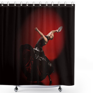 Personality  Young Flamenco Dancer In Dress Holding Fan While Dancing On Red And Black Shower Curtains
