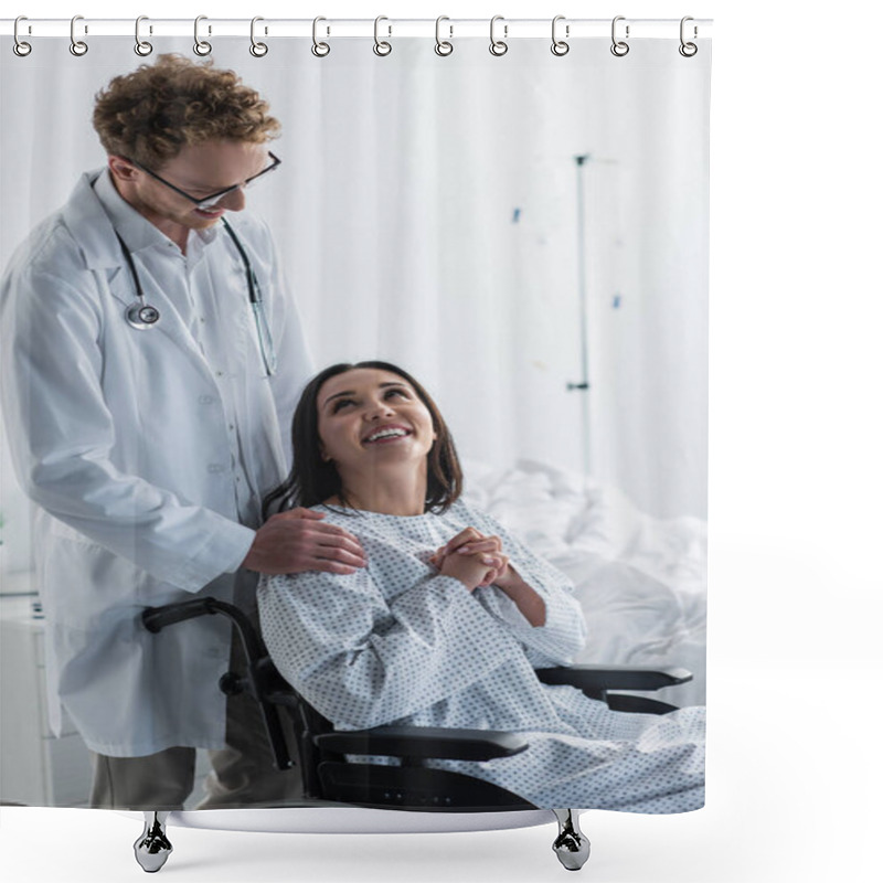 Personality  Curly Doctor In White Coat Standing Behind Smiling Disabled Woman In Wheelchair  Shower Curtains
