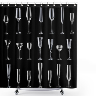 Personality  Collage Of Different Empty Glasses On Dark Background Shower Curtains