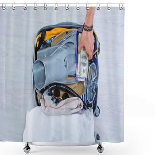 Personality  Cropped View Of Man Putting Money In Travel Bag With Clothing And Swimming Mask Shower Curtains