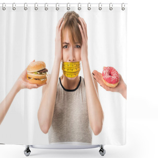 Personality  Young Woman With Mouth Tied In Measuring Tape Screaming While People Giving Her Junk Food Isolated On White Shower Curtains