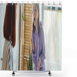 Personality  Irritated Teenage Girl Screaming And Quarreling With Mother At Home In Living Room, Banner Shower Curtains