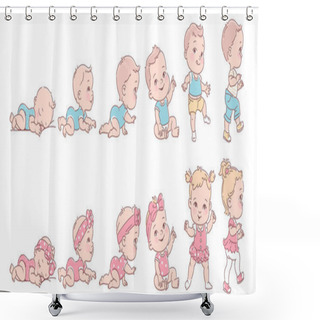 Personality  Baby Girl And Boy In Row. Set Of Child Health And Development Icons In Line. Shower Curtains