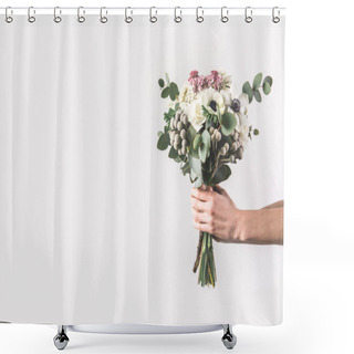 Personality  Cropped Shot Of Woman Holding Beautiful Bridal Bouquet Isolated On Grey Shower Curtains