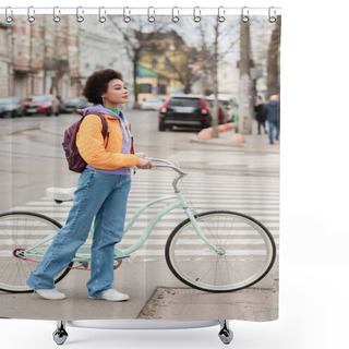 Personality  Young African American Woman Standing Near Bicycle And Crosswalk Outdoors  Shower Curtains