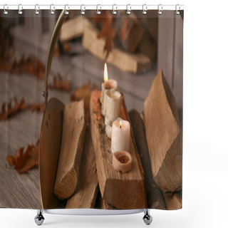 Personality  Firewood With Candles On Floor In Room Shower Curtains