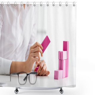 Personality  Selective Focus Of Businesswoman Stacking Marketing Pyramid From Pink Blocks Wood Game On Table Shower Curtains
