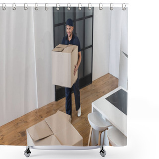 Personality  Smiling Mover Carrying Cardboard Box In Apartment Shower Curtains
