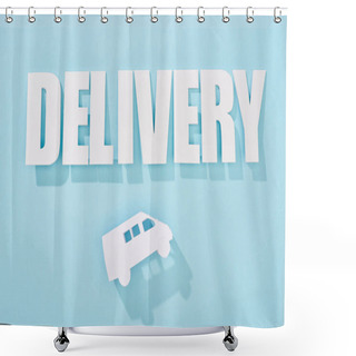 Personality  White Delivery Inscription With Shadow Above Mini Van On Blue Background Shower Curtains