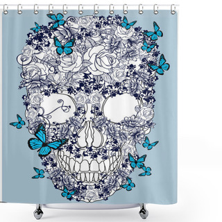 Personality  Hand Drawn Skull Made Of Flowers Shower Curtains