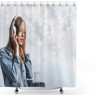 Personality  Woman Listening Music In Headphones Shower Curtains