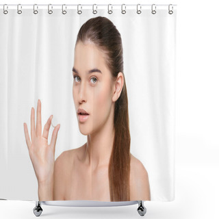 Personality  Woman Holding White Pill Shower Curtains