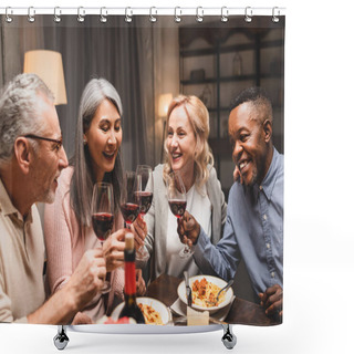 Personality  Smiling Multicultural Friends Talking And Clinking With Wine Glasses During Dinner  Shower Curtains