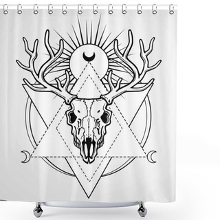 Personality  Mystical Image Of The  Skull Of A Horned Deer, Sacred Geometry, Symbols Of The Moon. Black Drawing Isolated On A Gray Background. Vector Illustration. Print, Potser, T-shirt, Card. Shower Curtains