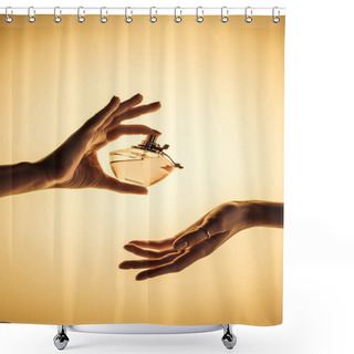 Personality  Cropped View Of Woman Spraying Perfume On Hand, Isolated On Yellow Shower Curtains