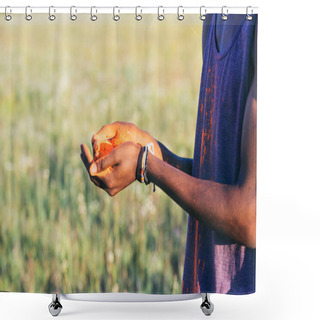 Personality  Man Holding Colorful Dust Shower Curtains
