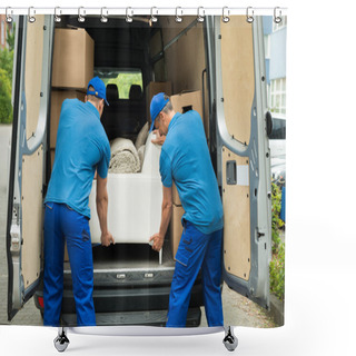 Personality  Workers Adjusting Sofa In Truck Shower Curtains