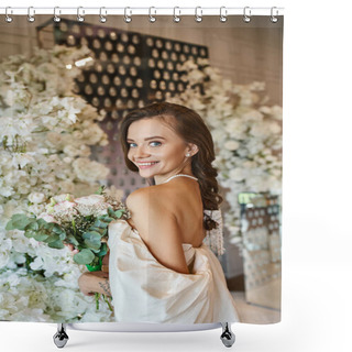 Personality  Joyful Woman In White Wedding Dress With Bridal Bouquet Smiling At Camera Near Festive Floral Decor Shower Curtains