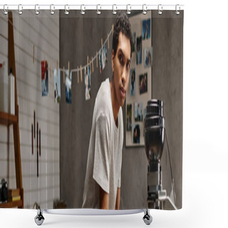Personality  Young African American Man Engaging In The Art Of Film Development In A Photo Lab, Banner Shower Curtains