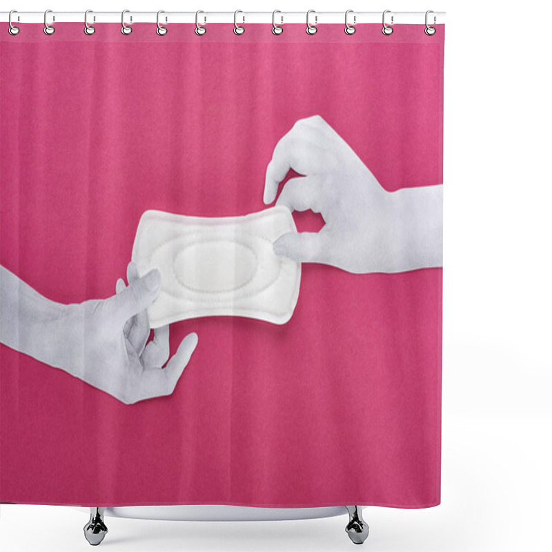 Personality  Top View Of Paper Cut Hands And White Sanitary Napkin On Purple Background Shower Curtains