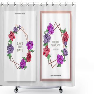 Personality  Vector Elegant Cards With Purple And Living Coral Peonies On White Background And Sale And Save The Date Inscription. Shower Curtains