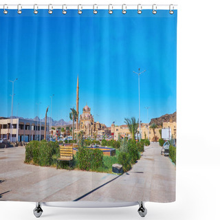 Personality  The Tiny Park In Sharm El Maya District With A View On Tall Al Mustafa (Al Sahaba) Mosque On The Background, Sharm El Sheikh, Sinai, Egypt. Shower Curtains