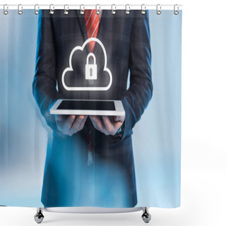 Personality  Partial View Of Businessman Holding Digital Tablet With Lock And Cloud Icons Above On Blue Background Shower Curtains
